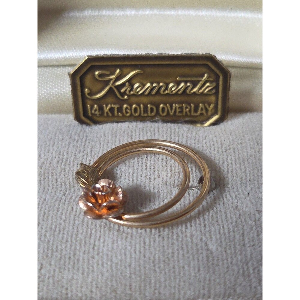 Vintage Krementz Rose Brooch 14K Gold Overlay w/ Original Box